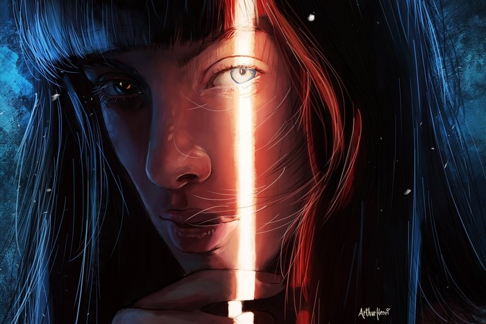 Artwork of a woman with a lightsaber across her face