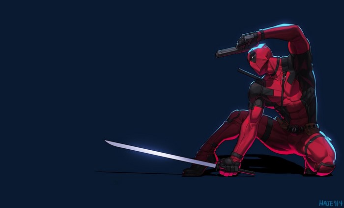 Deadpool with swords and guns on blue background