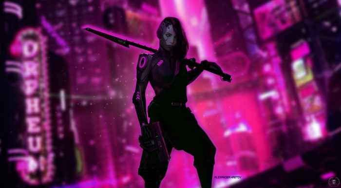 Cyberpunk woman with glowing sword and gun