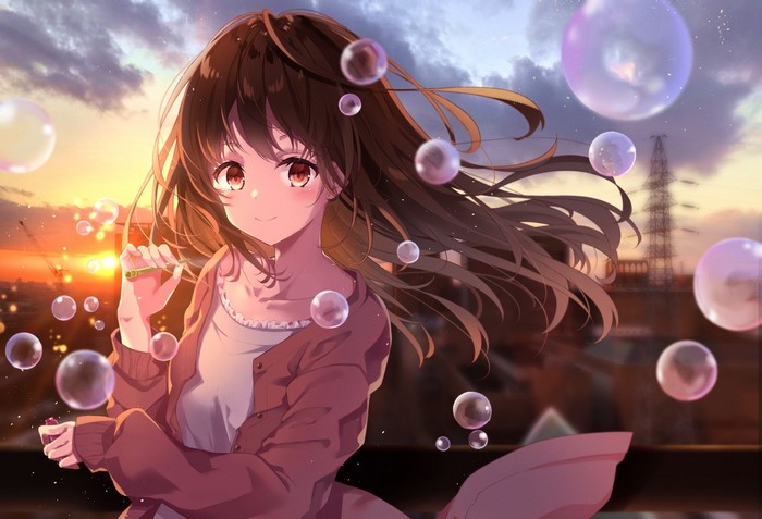 Anime girl blowing bubbles at sunset