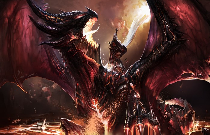 Deathwing from World of Warcraft with a knight