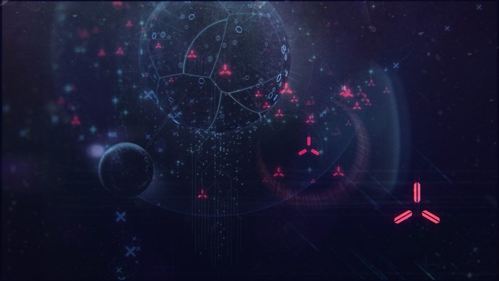 Digital space art with planets and futuristic symbols