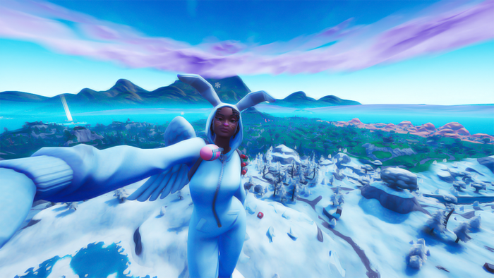Fortnite character in bunny suit taking a selfie