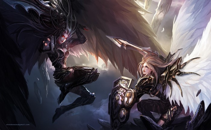 Fantasy art of two female warriors fighting
