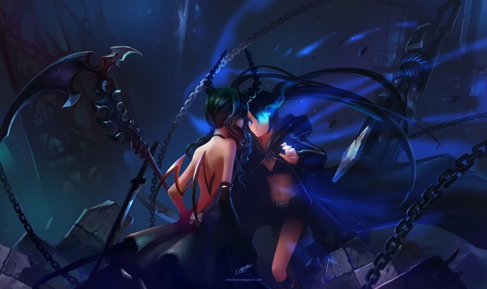 Black Rock Shooter and Dead Master with scythes and chains