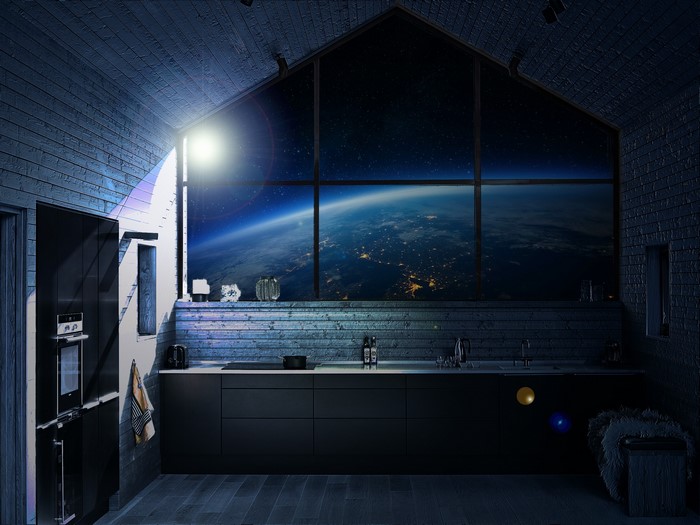 Kitchen with a view of Earth from space