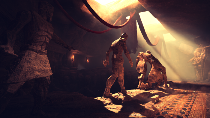 Statues in a cave with light beams