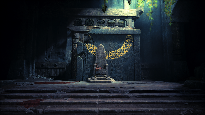 Throne in a dark chamber from God of War