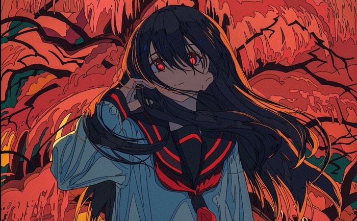 Anime girl with dark hair and red eyes in school uniform