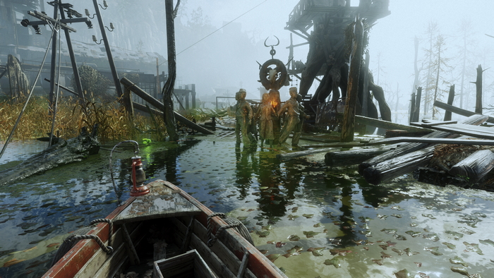 Metro Exodus boat in a swamp with statues