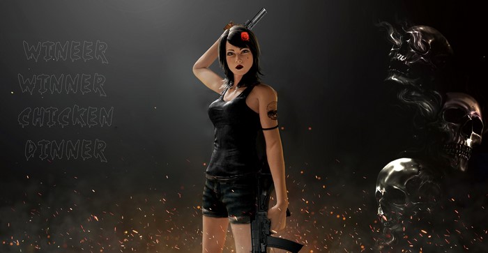 Woman with gun and skulls from PUBG