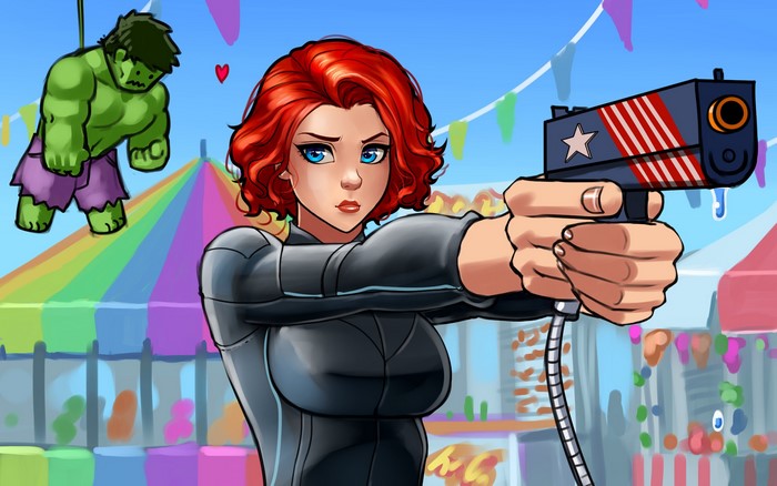Black Widow from Marvel Comics aiming a gun at a Hulk effigy