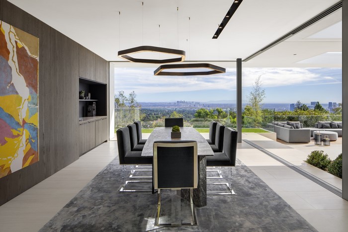 Modern dining room with city view