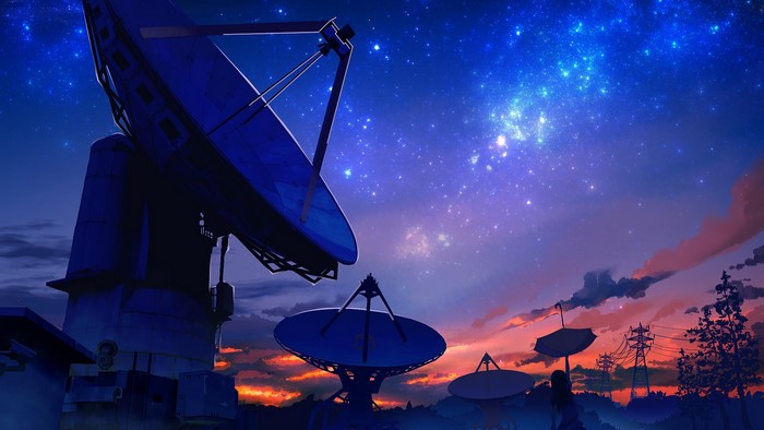 Satellite dishes under a starry night sky with sunset clouds