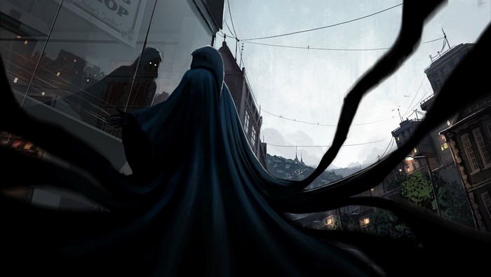 Demon with glowing eyes in a city at night