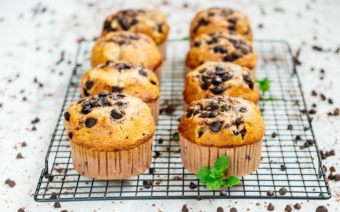 Chocolate chip muffins on a cooling rack