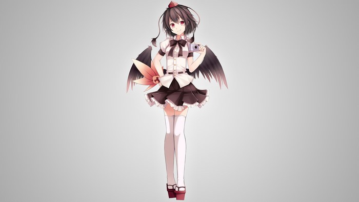 Shameimaru Aya from Touhou holding a camera
