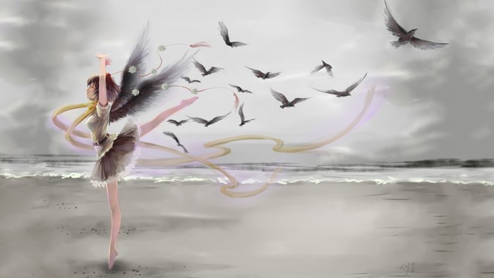 Shameimaru Aya from Touhou with wings and birds on a beach