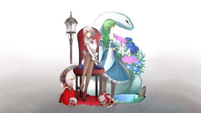 Izayoi Sakuya and Kochiya Sanae from Touhou with snake and clock