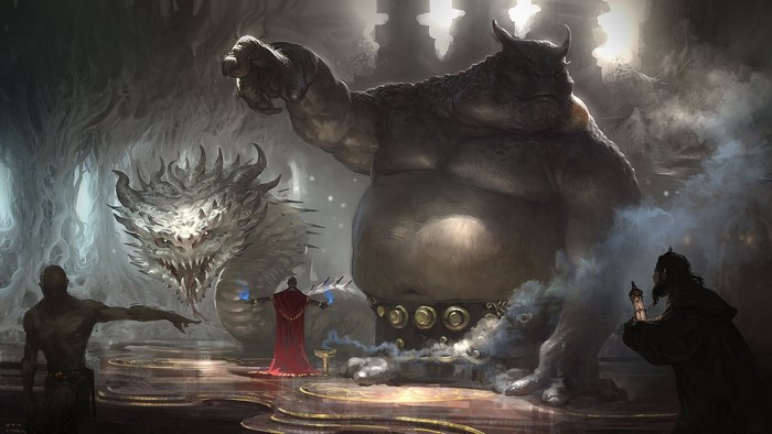 Fantasy art of a demon hunter, dragon, and giant creature