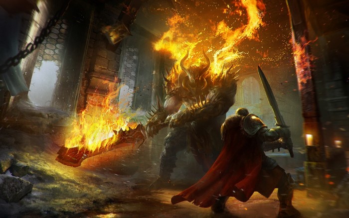 Demon Hunter fighting a fiery creature in a dungeon