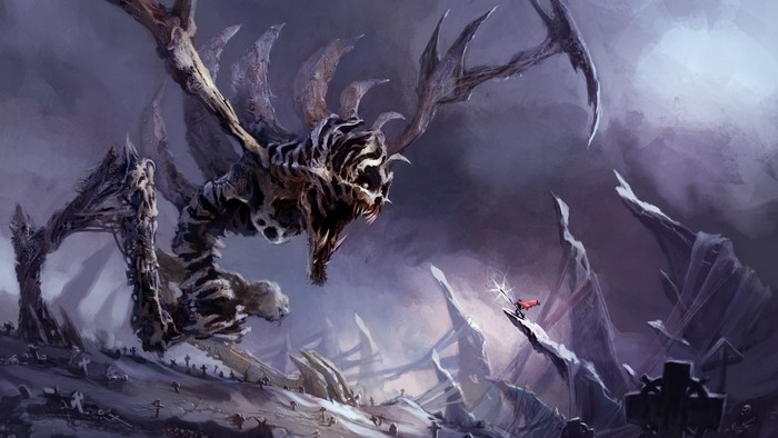 Demon Hunter facing a skeletal creature in a graveyard