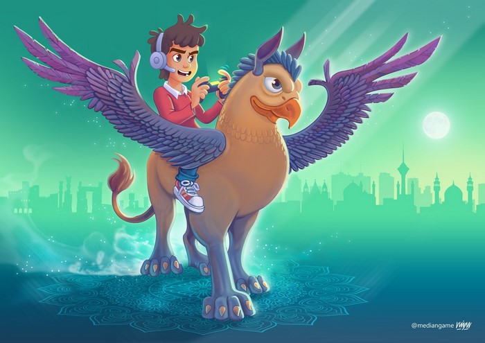 Boy playing video game on a griffin over a city