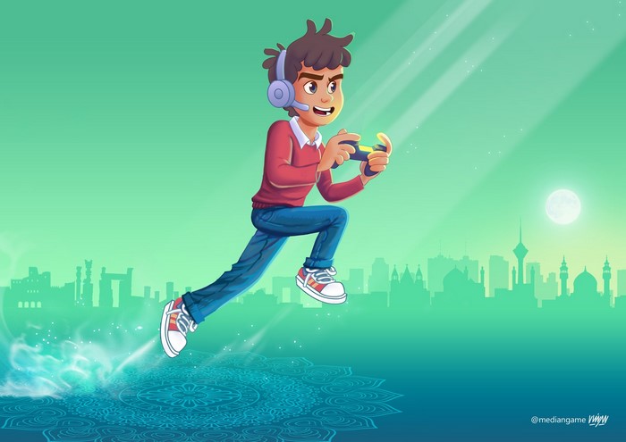 Boy with headset playing video games over city skyline