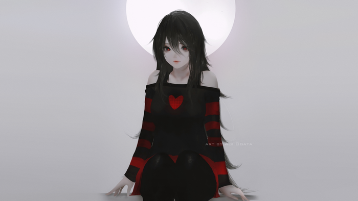 Anime girl with black hair and red eyes, Aoi Ogata artwork