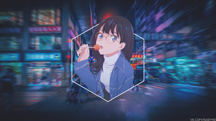 4K anime girl with lollipop in neon city