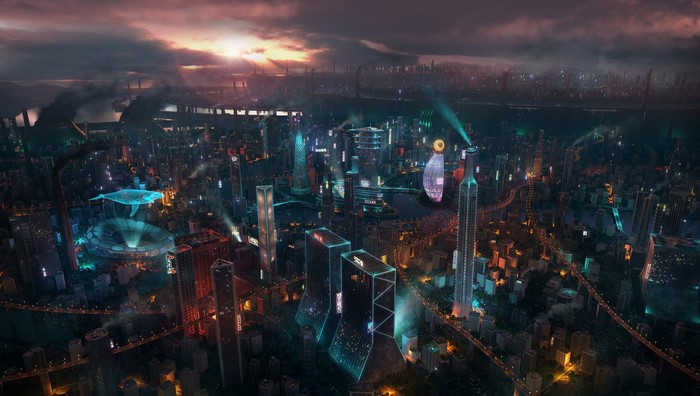 Futuristic city at night with glowing lights