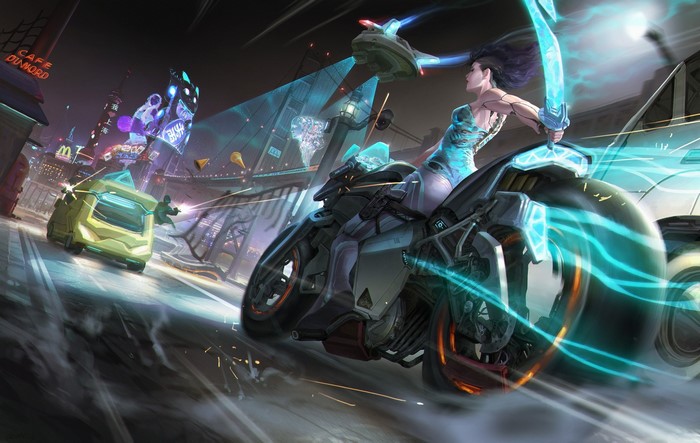 Cyberpunk motorcycle chase in a futuristic city