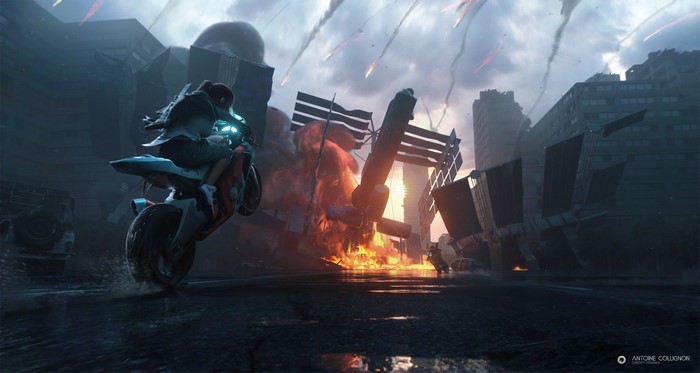 Woman on a futuristic motorcycle in a burning city