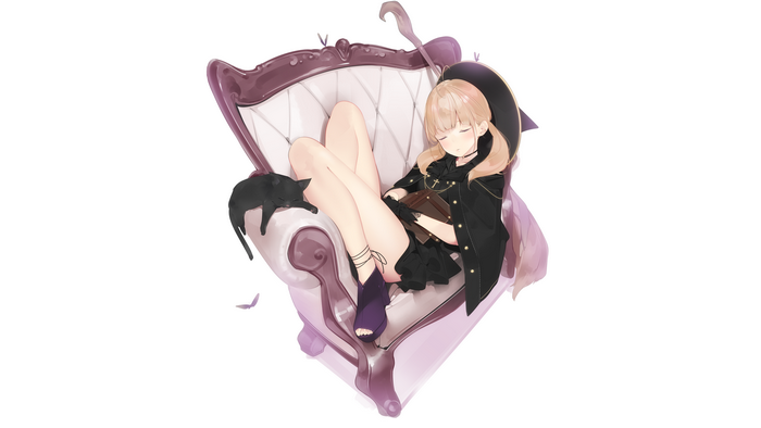 Anime girl sleeping on a couch with a black cat