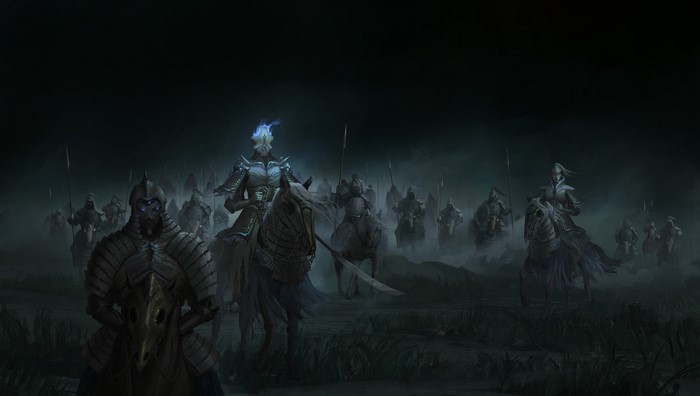 Army of ghostly soldiers on horseback in a dark, foggy landscape