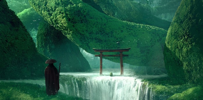 4K Fantasy Art of Green Torii Near Waterfall