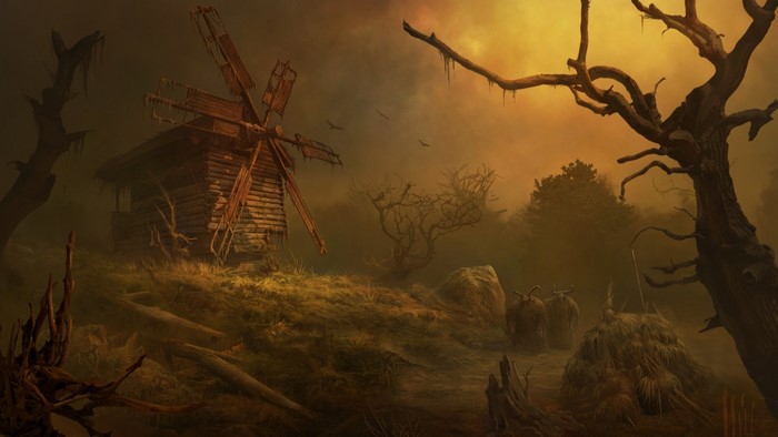 Abandoned windmill in a dark fantasy landscape