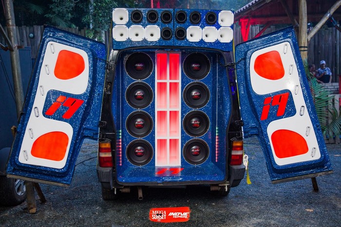 Customized van with large sound system and speakers