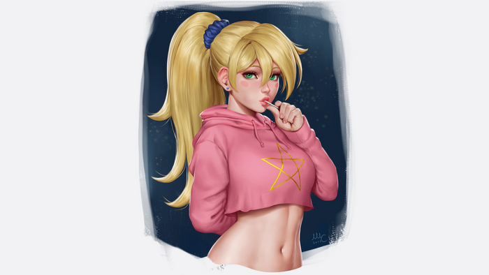Anime girl with blonde ponytail and pink hoodie