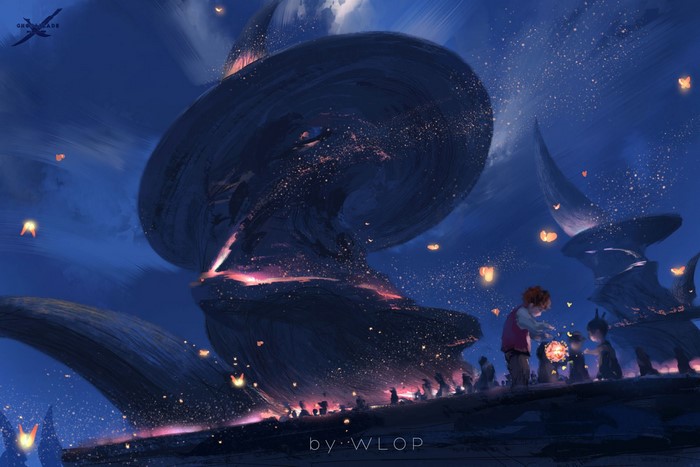 Fantasy art by WLOP with children releasing lanterns