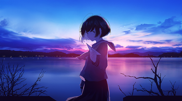 anime, lake, environment, mifuru, paper planes, digital art, 2D, school ...