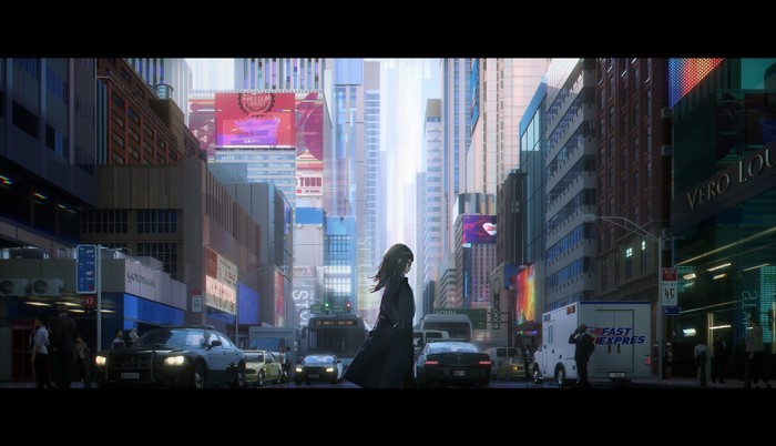 Anime girl in a dark coat in a futuristic city
