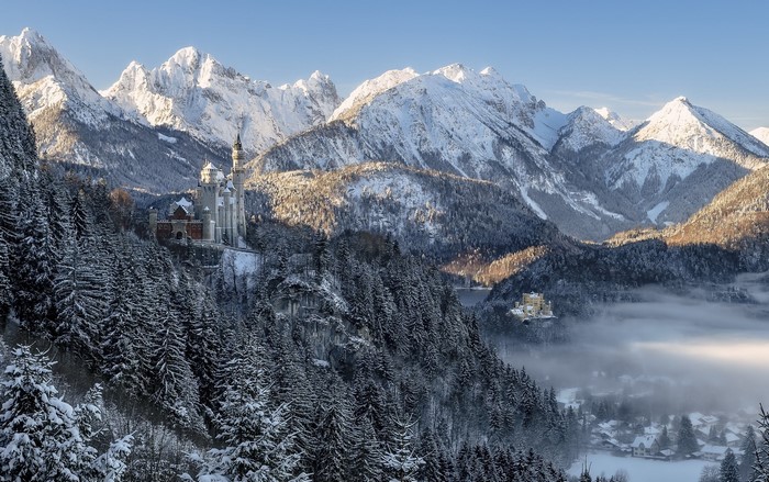 Neuschwanstein Castle in Bavarian Alps during winter