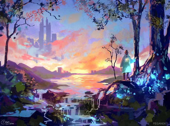 Digital painting of a futuristic landscape at sunset