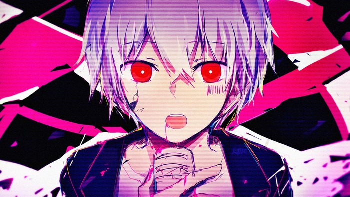 Anime character with red eyes and glitch art background