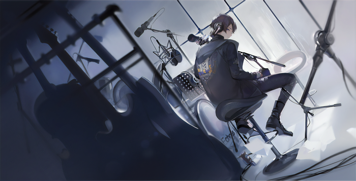 Anime boy with headphones in recording studio