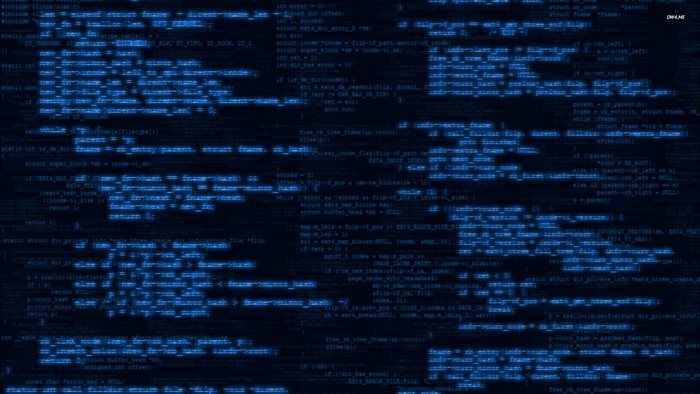 Blue glowing computer code on a dark background