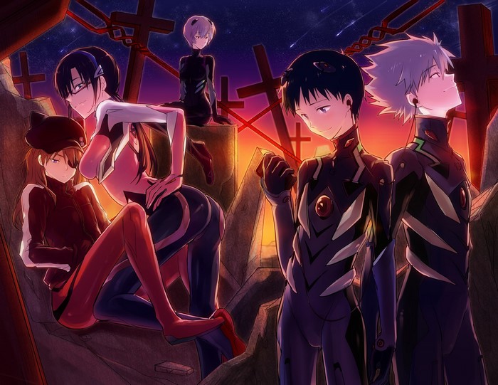 Neon Genesis Evangelion characters in a graveyard setting
