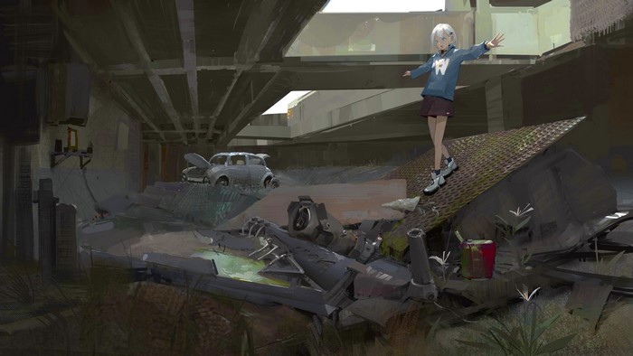 Anime girl with white hair standing on debris