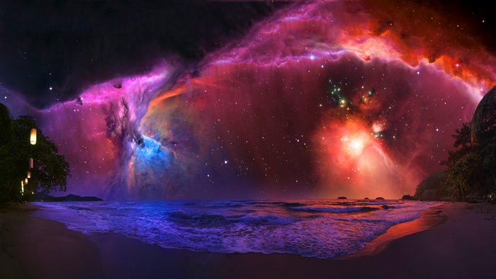 Beach with Galaxy and Nebula Sky